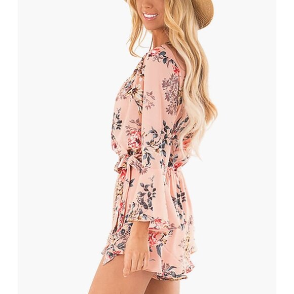 Pink Floral Rose Printed Chiffon Belted Ruffle Long Sleeve Romper Short Dress - Picture 3 of 6